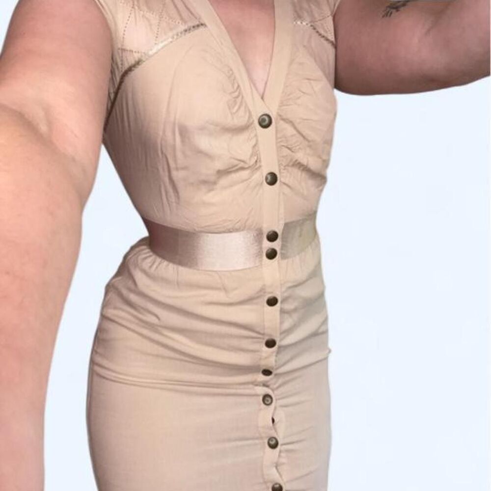 Vintage Y2K Bebe Silk Trim Button Mini Dress Sahara Desert - XXS